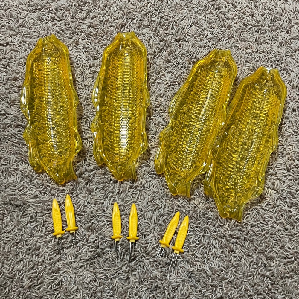 Vintage Yellow Plastic Corn on the Cob Serving Set 4 Dishes and 3 pr Holders